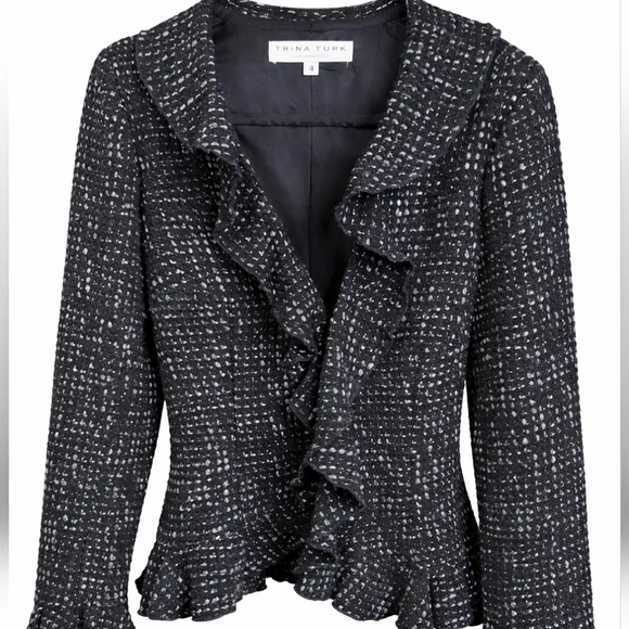 Trina Turk Black White Chic Classic Ruffled Tweed Blazer Jacket Sz 4 - Picture 1 of 10